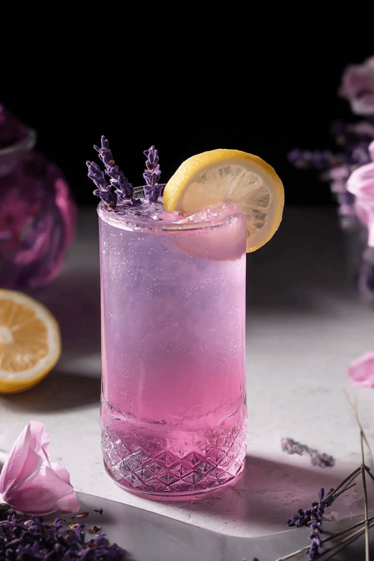 Refreshing lavender lemonade with ice in a highball glass, garnished with lemon wheel and lavender, on a wooden table.