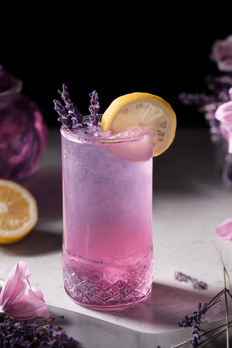 Refreshing lavender lemonade with ice in a highball glass, garnished with lemon wheel and lavender, on a wooden table.
