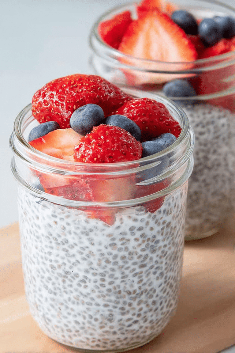 Chia pudding layered in a glass jar with strawberries on top, highlighting a healthy snack.