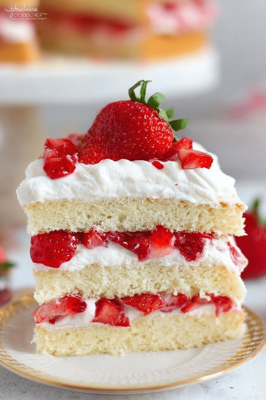 Layered strawberry shortcake cake with whipped cream and fresh strawberries on a wooden table.