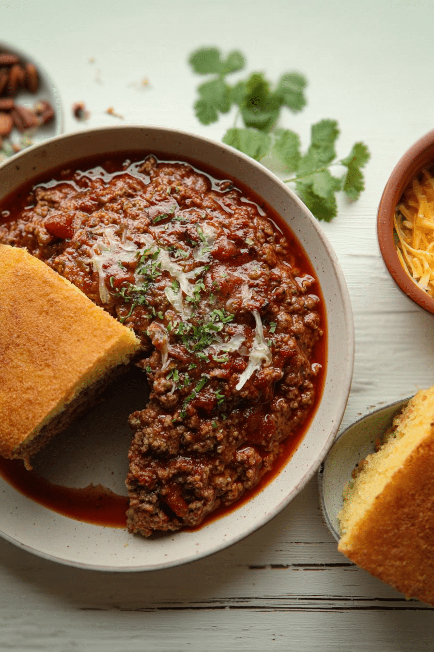 Delicious leftover meatloaf chili with cheese and cornbread