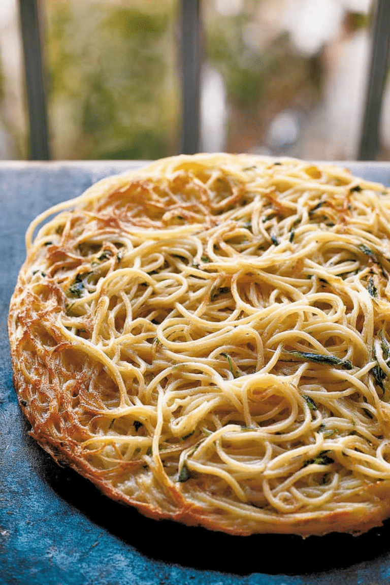 Slice of leftover pasta frittata on a white plate with herbs, showing its cheesy texture and cooked pasta.