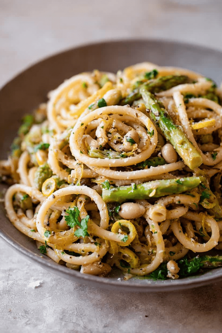 Lemon asparagus pasta served on a white plate with fresh herbs and walnuts, highlighting the dish's vibrant colors and textures.