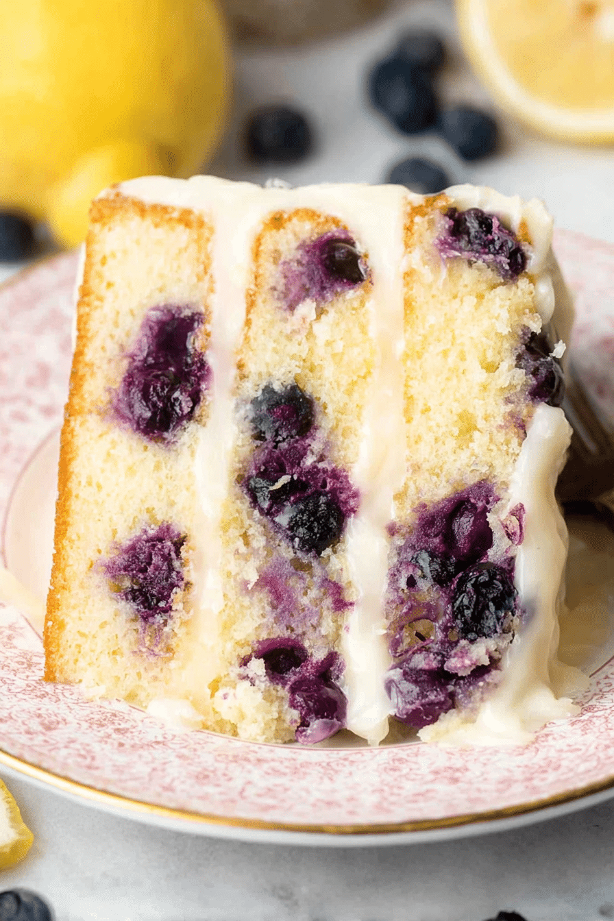 Lemon blueberry cake decorated with blueberries and lemon slices on a rustic wooden table