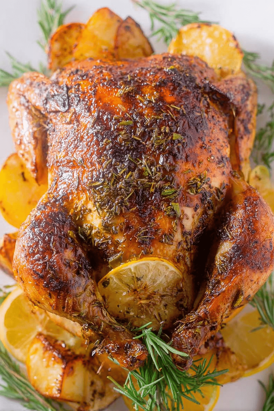 Lemon herb roasted chicken served on a wooden table with fresh herbs and roasted vegetables.