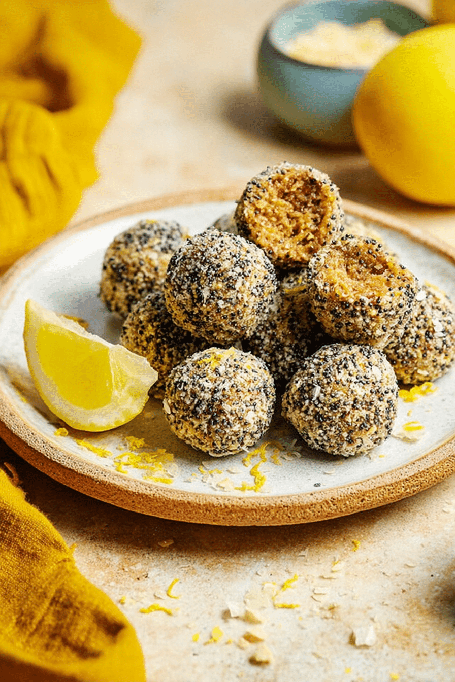 Close-up of lemon poppy seed energy bites on a wooden board with lemon slices and poppy seeds.
