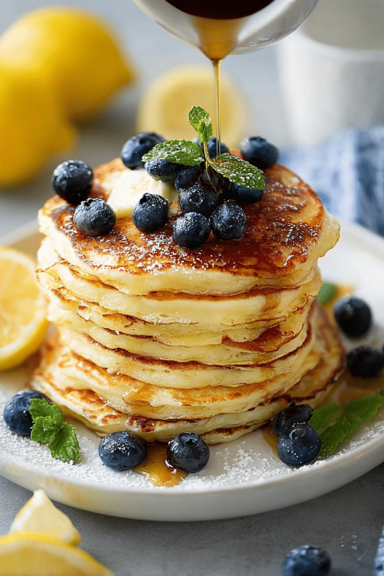 Stack of lemon ricotta pancakes with strawberry syrup and lemon garnish