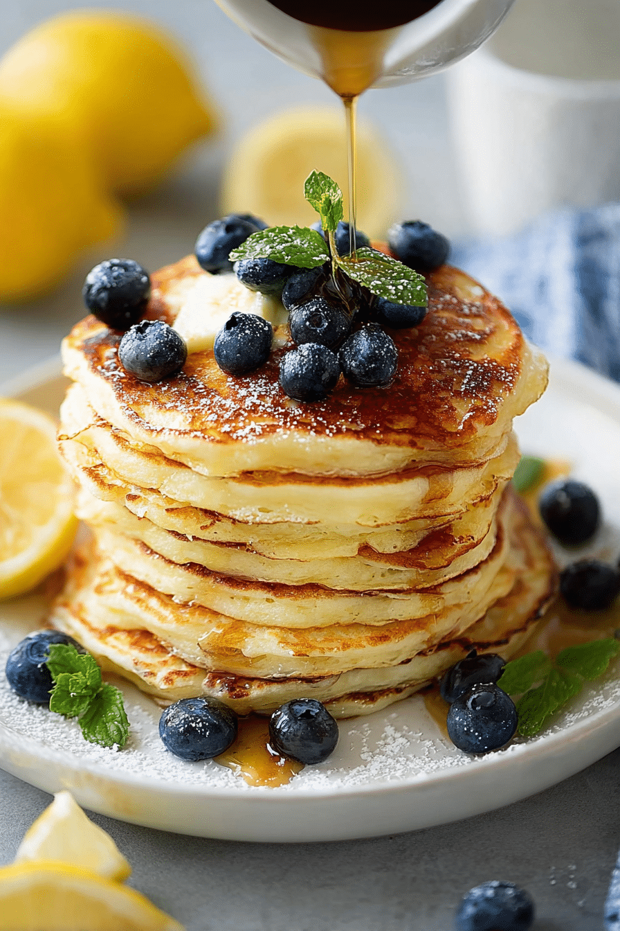Stack of lemon ricotta pancakes with strawberry syrup and lemon garnish