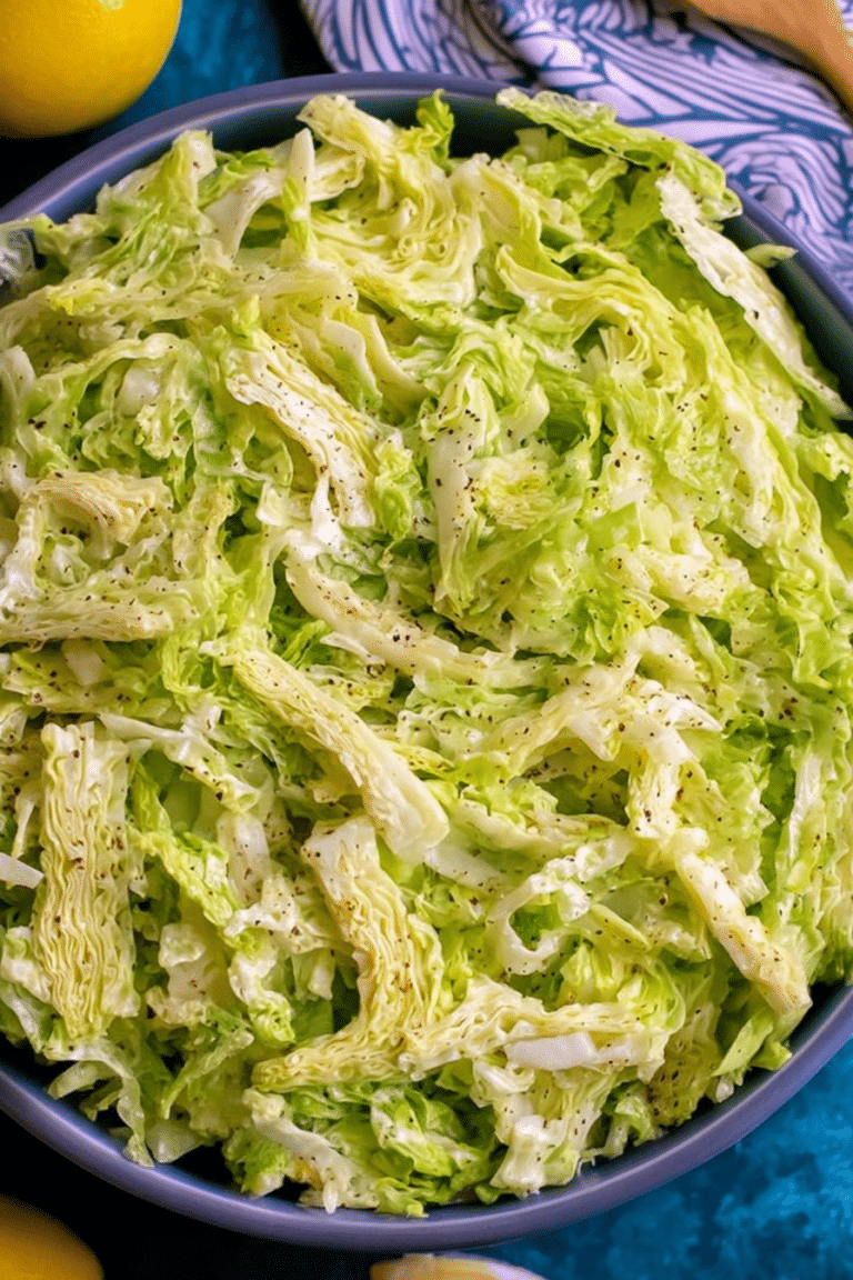 A colorful lemony savoy cabbage salad with fresh herbs, served in a bowl.