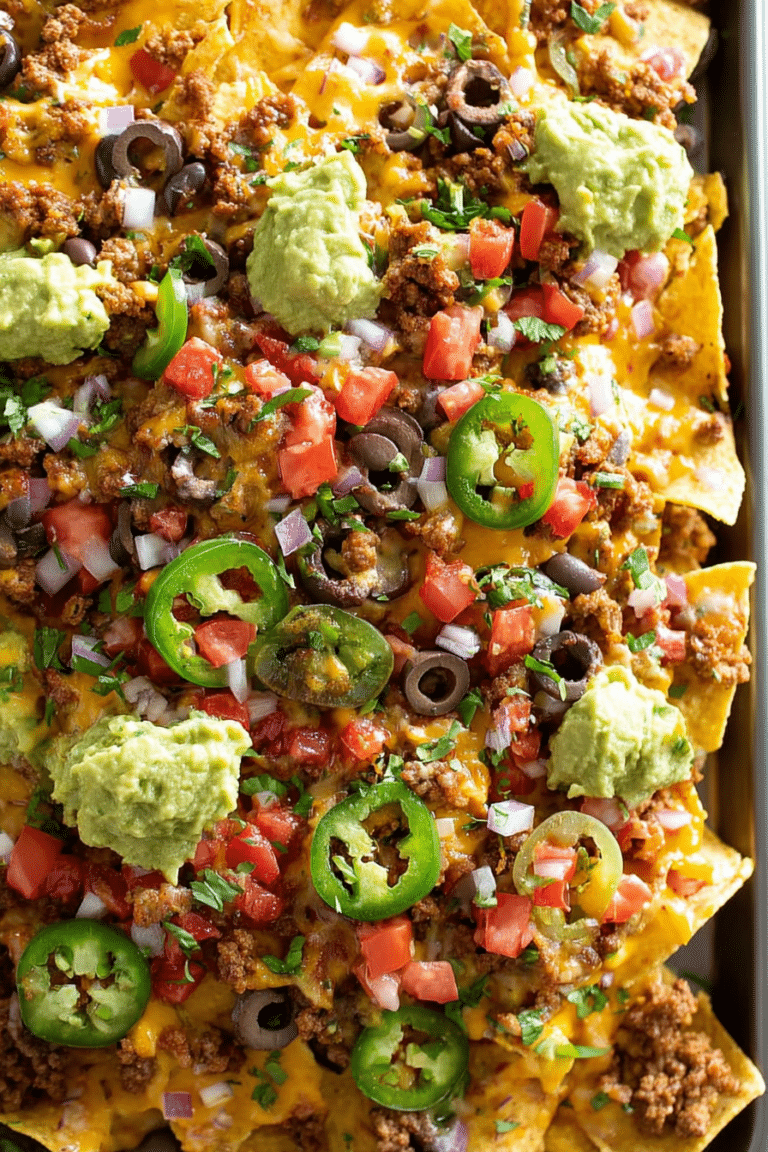 Loaded nachos with ground beef, cheese, jalapenos, and guacamole on a rustic wooden table.