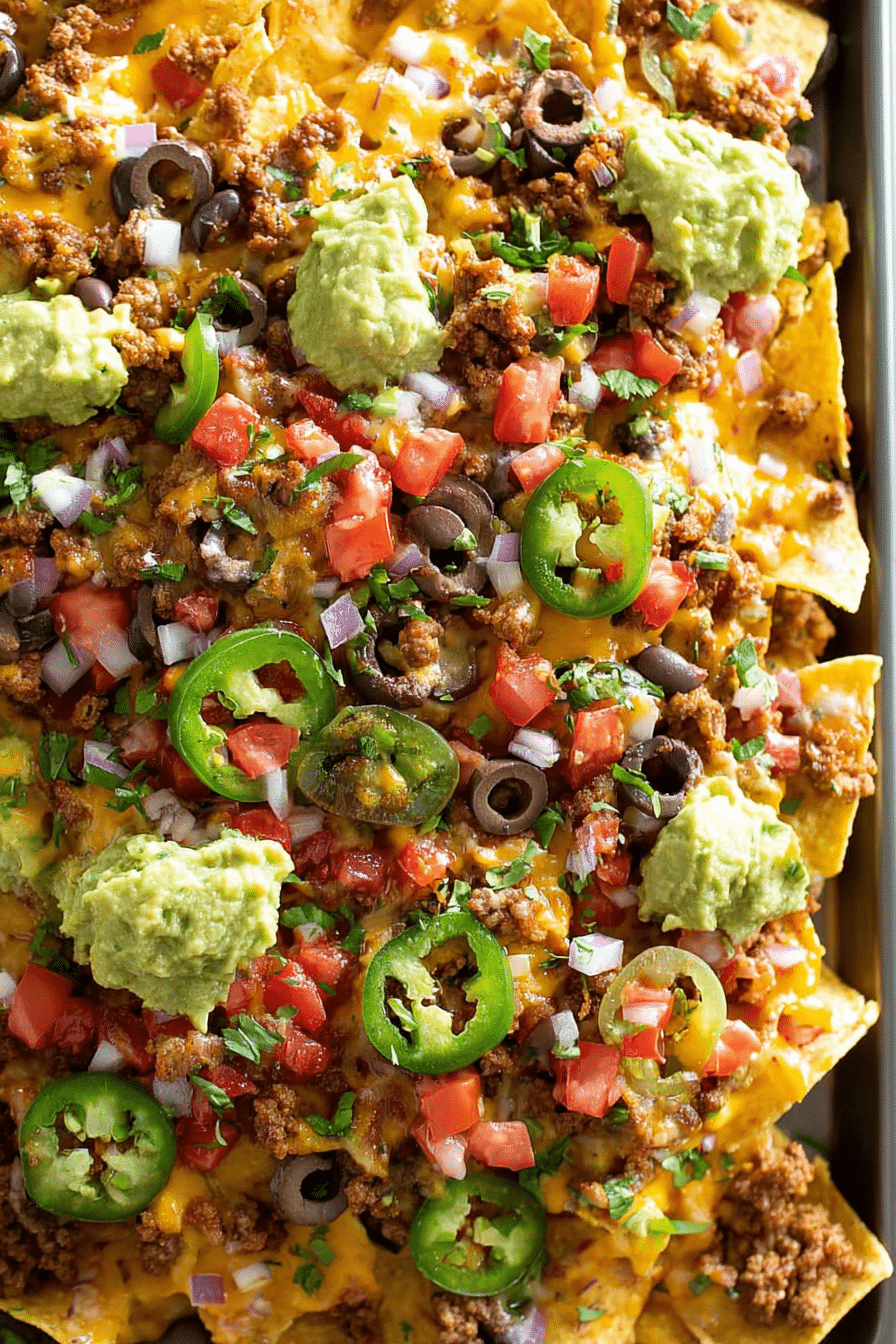 Loaded nachos with ground beef, cheese, jalapenos, and guacamole on a rustic wooden table.