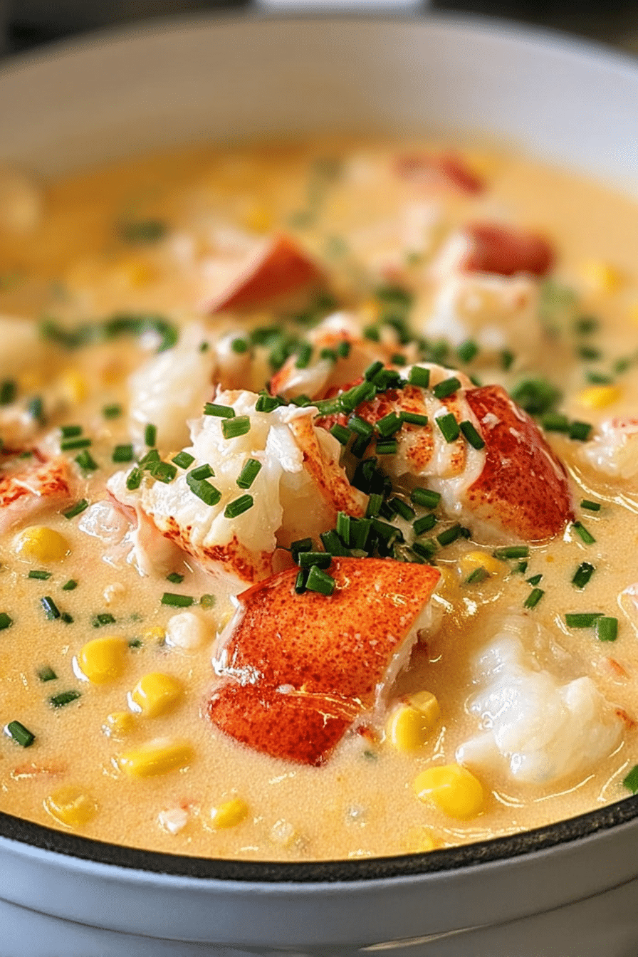 Delicious lobster chowder served in a bowl with herbs and crusty bread