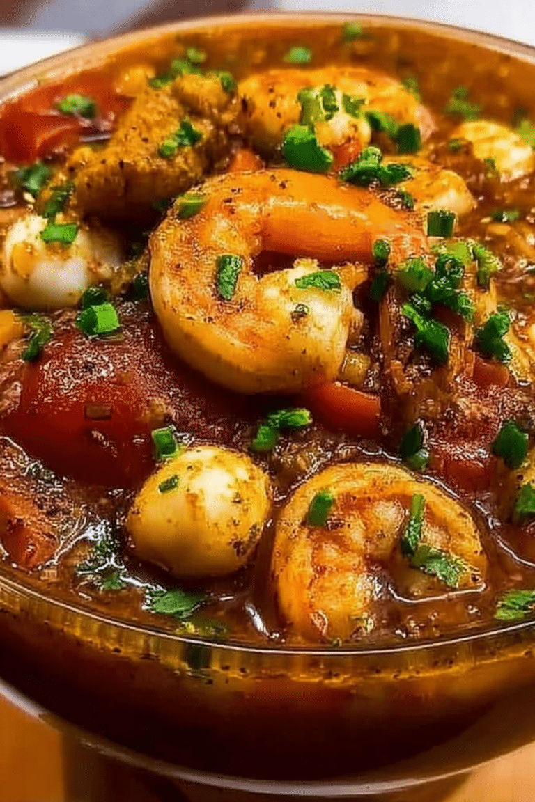 Delicious Louisiana seafood gumbo served in a bowl with rice, garnished with parsley and green onions.