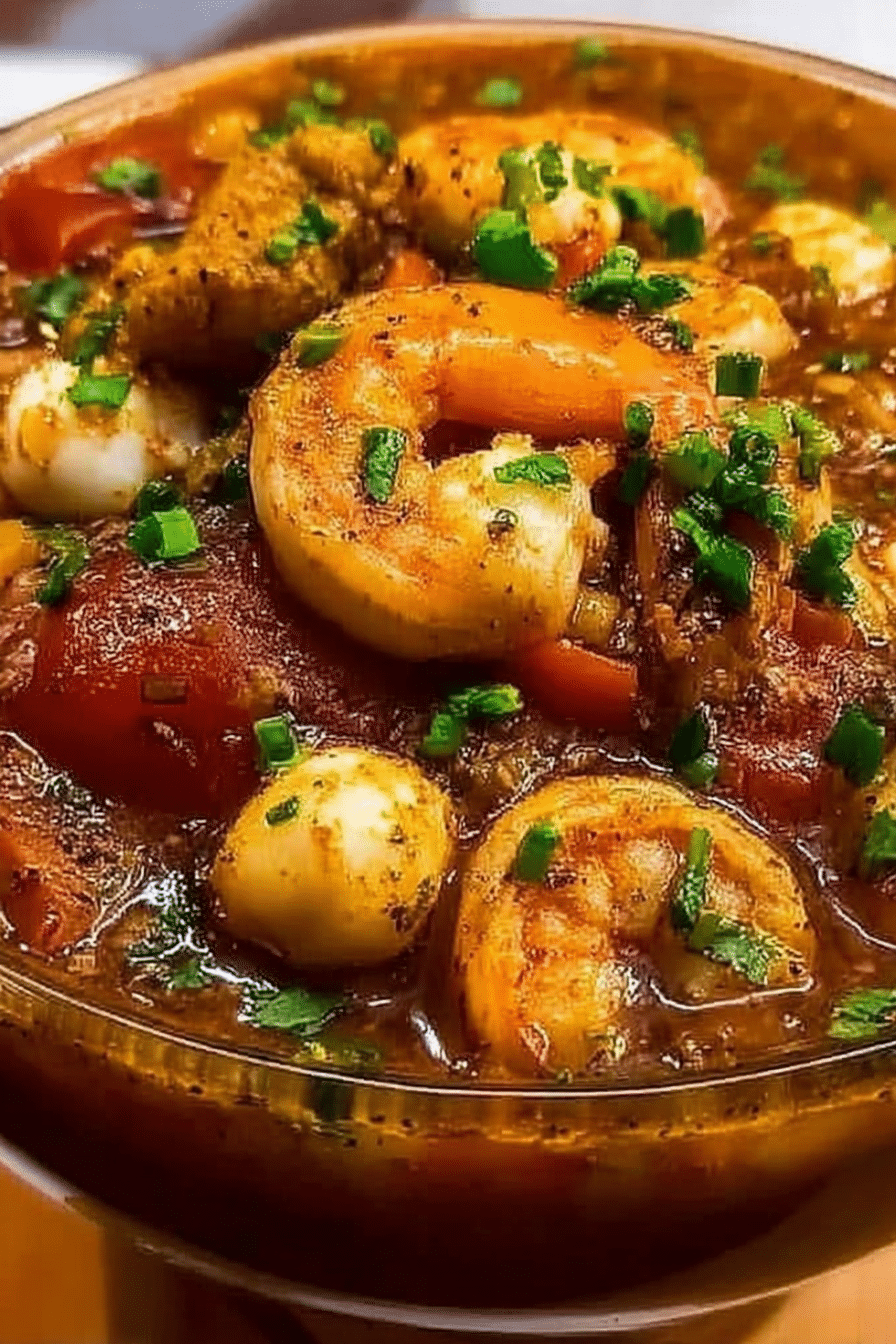 Delicious Louisiana seafood gumbo served in a bowl with rice, garnished with parsley and green onions.