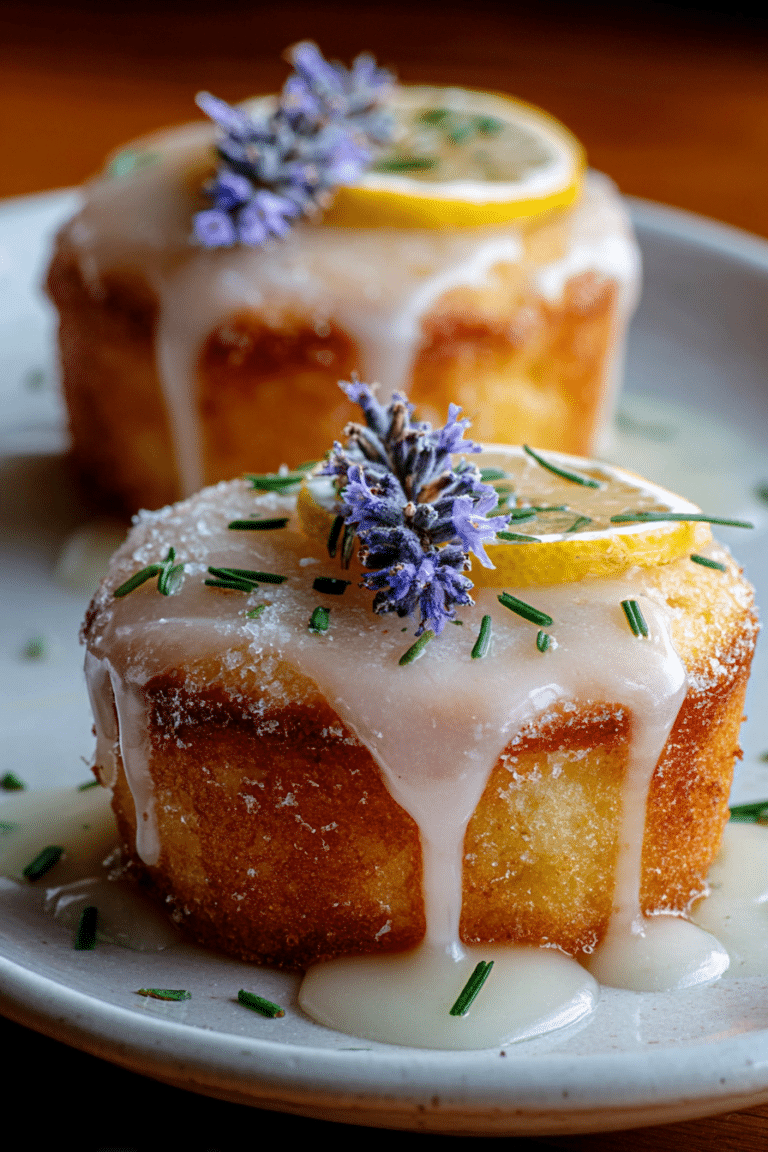 Elegant mini lemon cakes with lavender glaze, garnished with edible flowers and lemon zest on a pastel background.