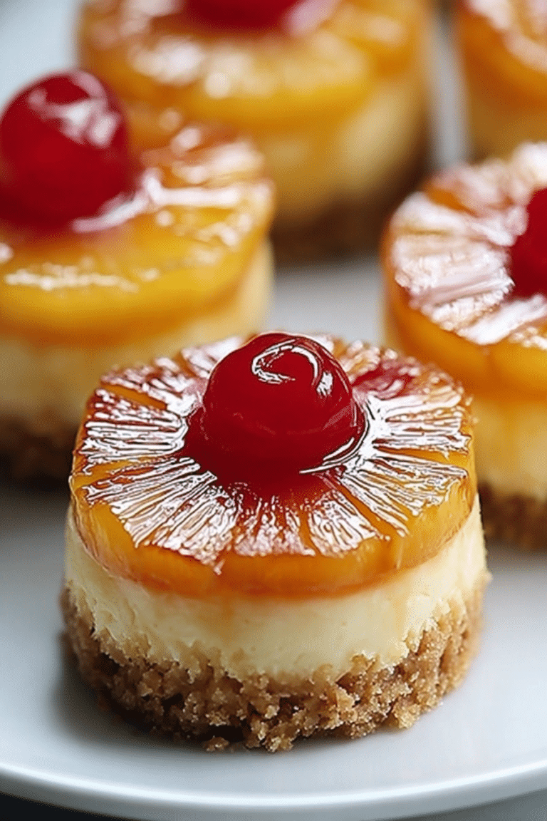 Delicious mini pineapple upside down cheesecakes with caramelized pineapple topping