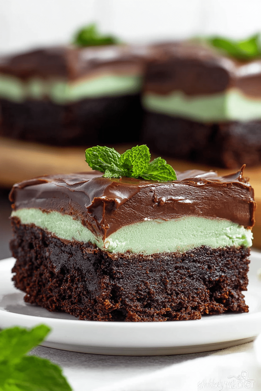 Close-up of sliced mint chocolate brownie topped with mint leaves and chocolate ganache on wooden table