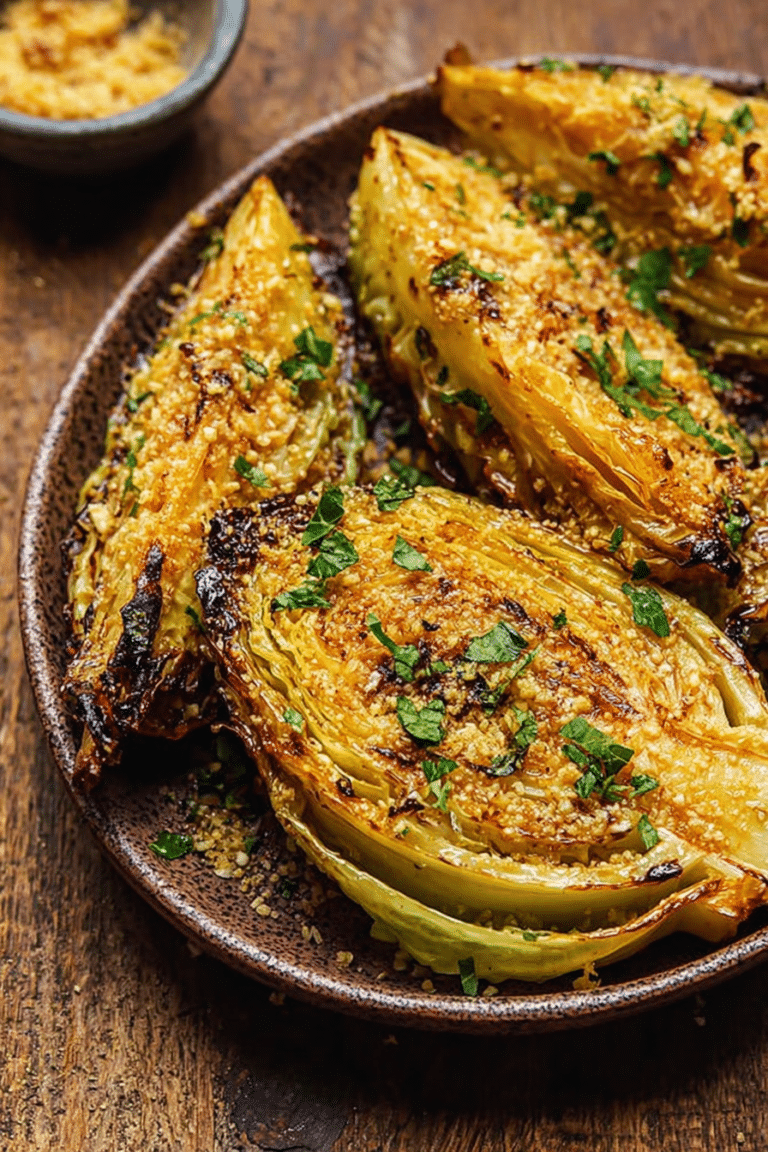 Close-up of miso butter roasted cabbage wedges topped with panko breadcrumbs and parsley on a wooden cutting board.