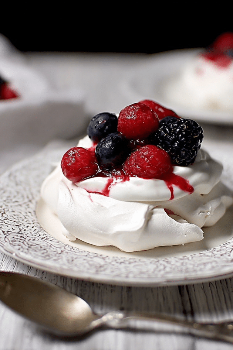Mixed berry pavlova topped with fresh berries and mint on a wooden table