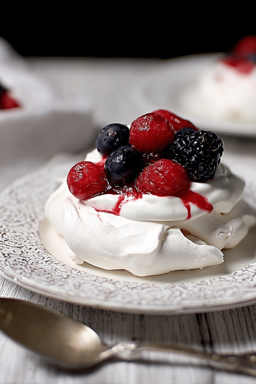 Mixed berry pavlova topped with fresh berries and mint on a wooden table
