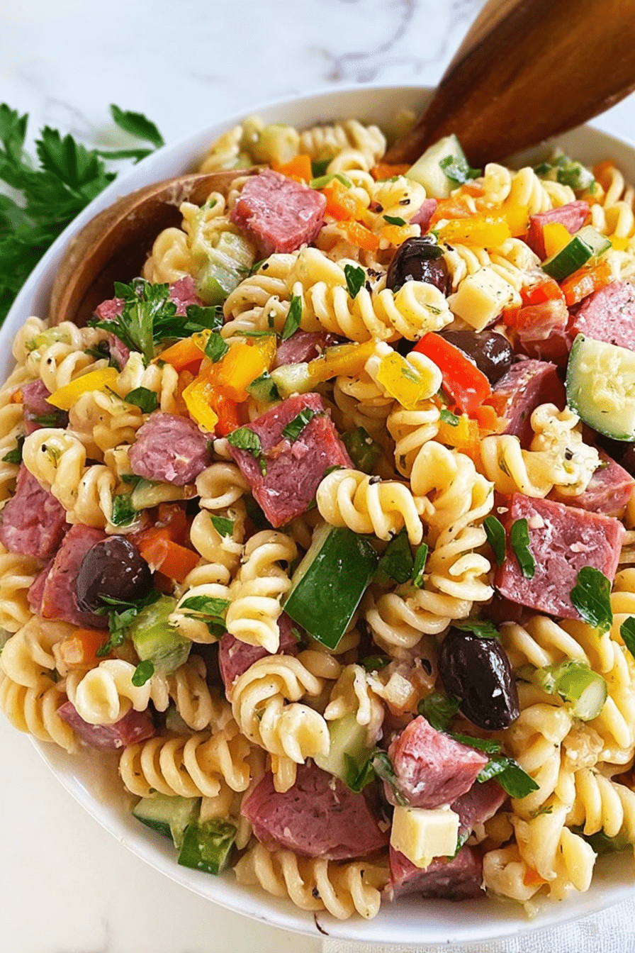 Muffuletta Pasta Salad with colorful ingredients in a serving bowl, garnished with fresh parsley.