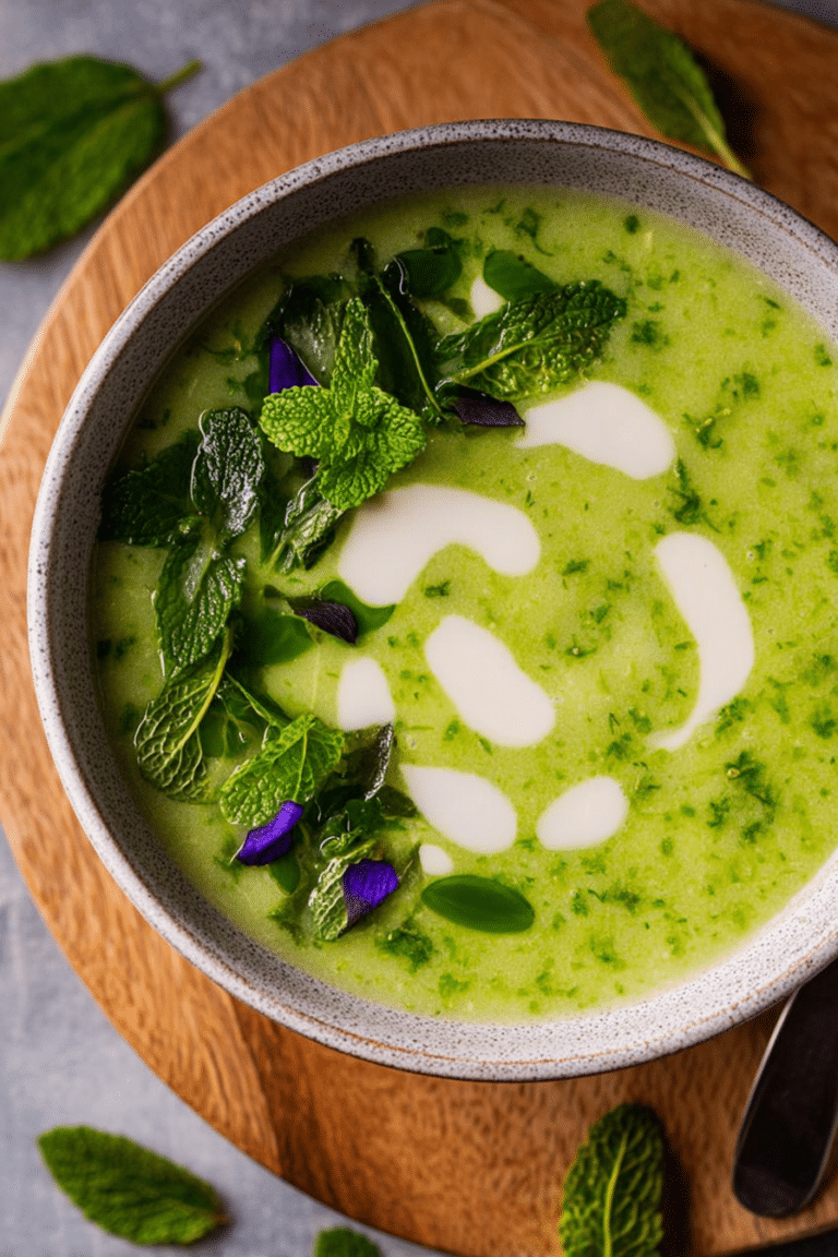 Delicious nettle soup with potato and leek, garnished with microgreens and edible flowers.