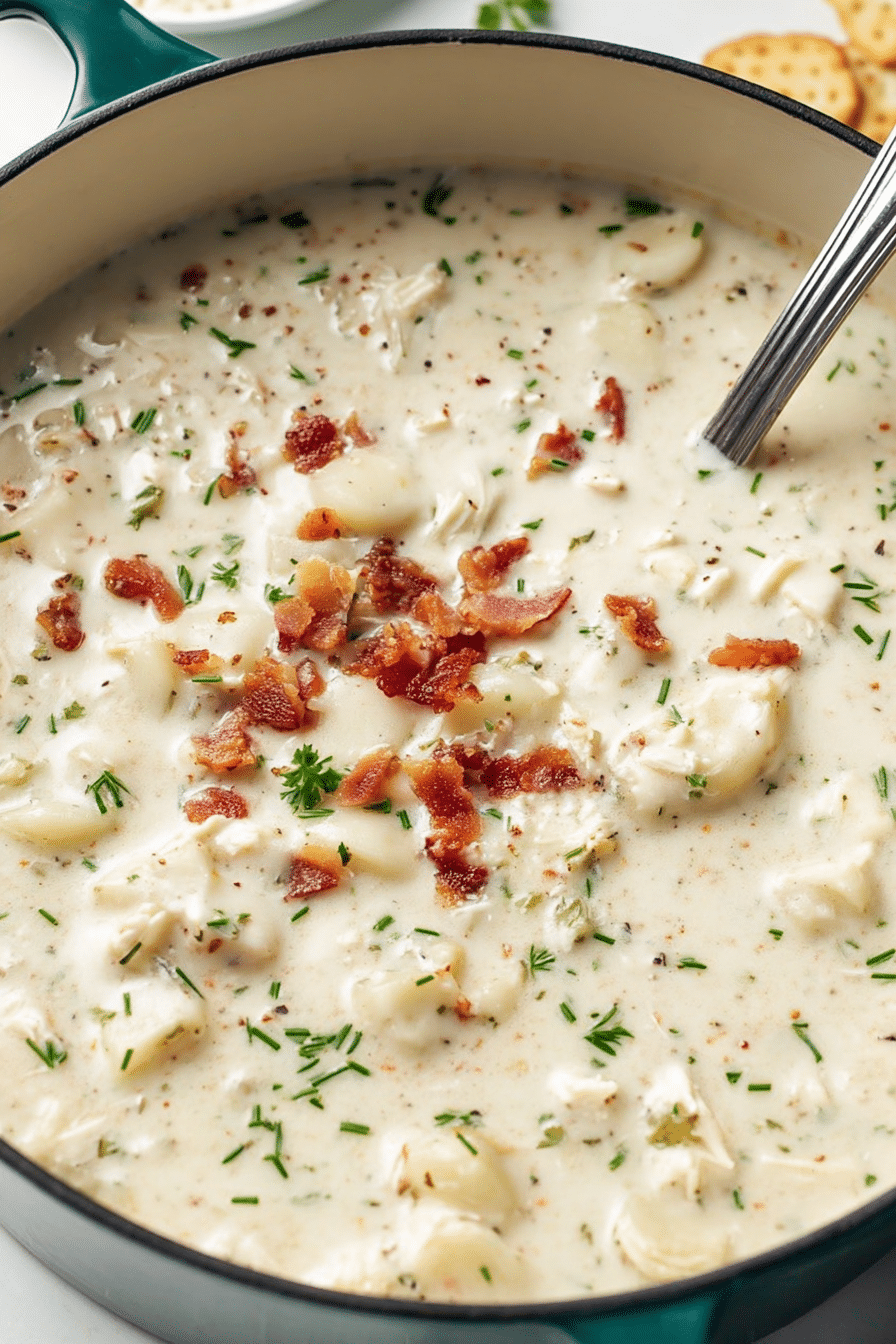 A delicious bowl of creamy New England clam chowder garnished with chopped parsley and crispy bacon bits.
