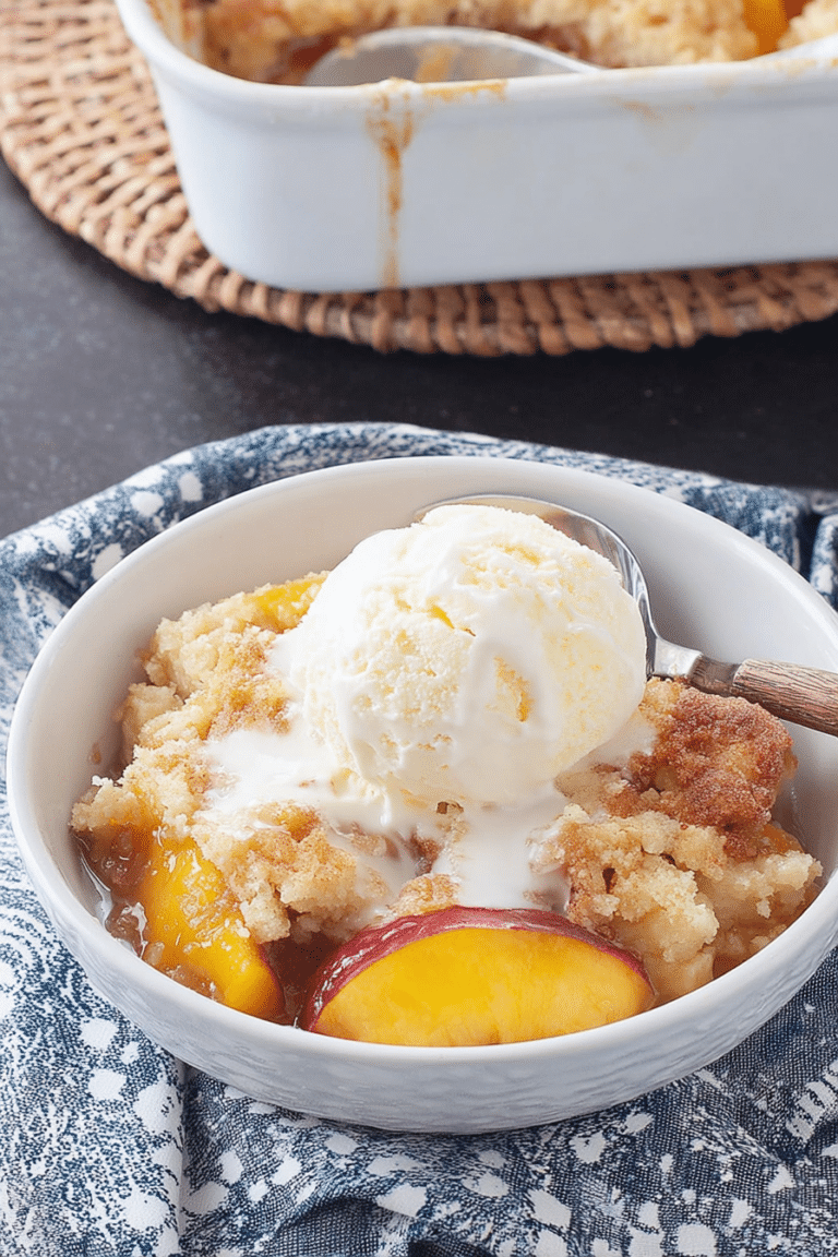 Old fashioned peach cobbler with golden crust and fresh peaches, topped with vanilla ice cream.