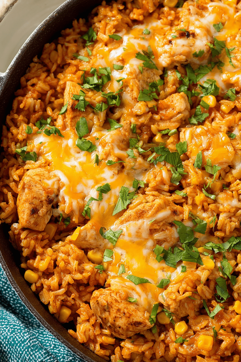 One pan chicken and Mexican rice garnished with cilantro and jalapeños in a skillet.