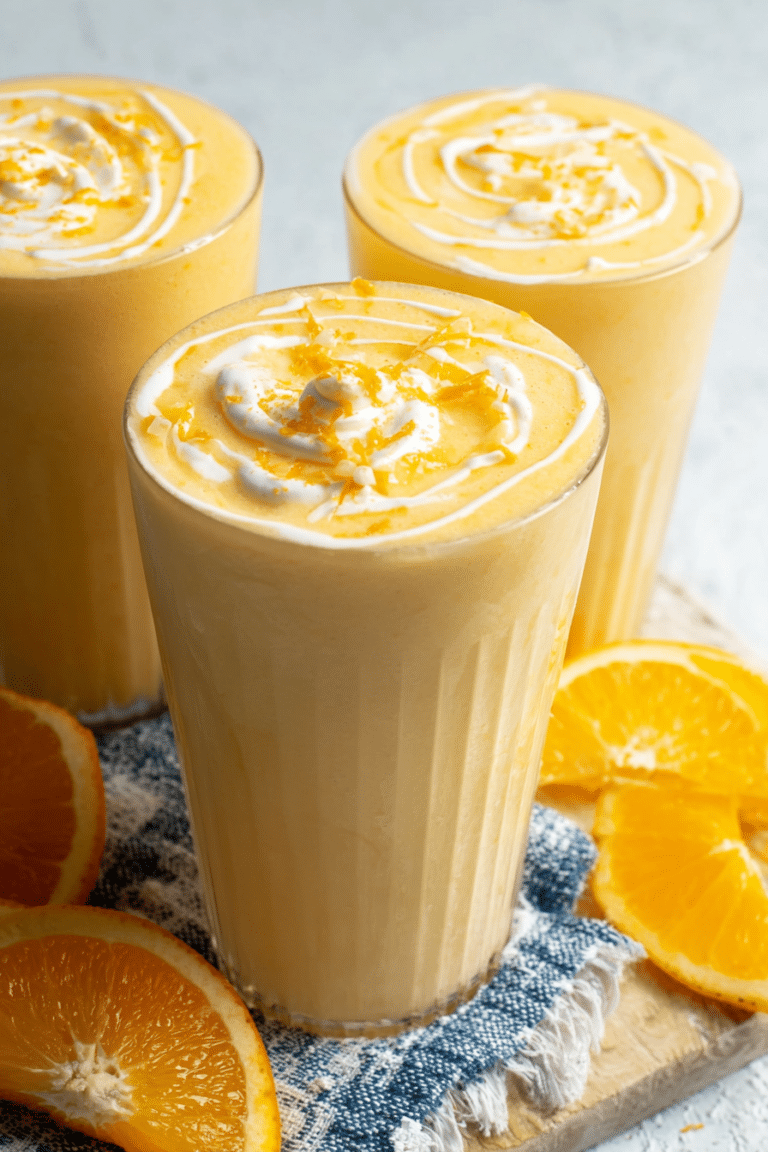 Refreshing orange creamsicle smoothie garnished with an orange slice and mint in a tall glass on a bright kitchen counter.