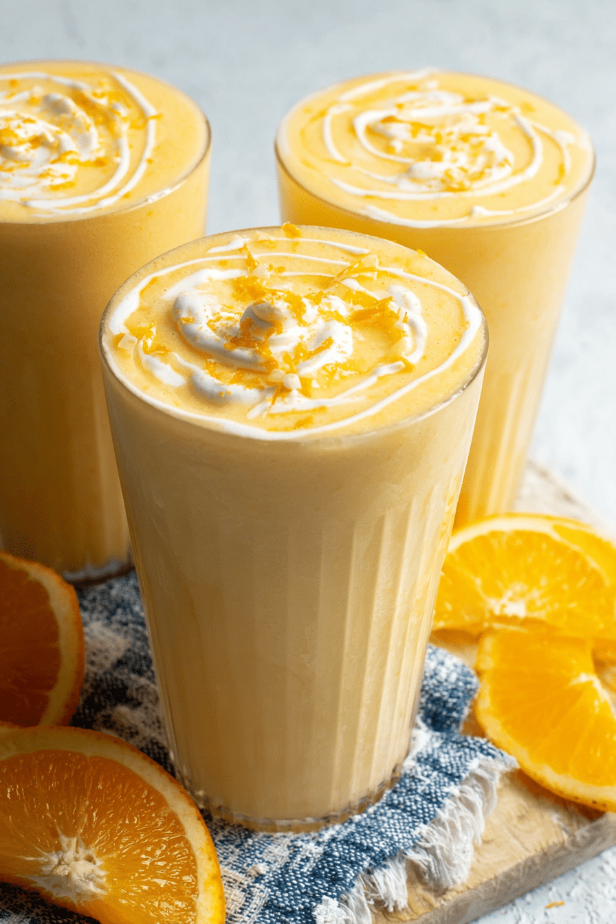 Refreshing orange creamsicle smoothie garnished with an orange slice and mint in a tall glass on a bright kitchen counter.