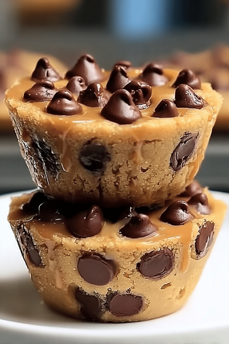 Delicious peanut butter chocolate chip cookie cups with chocolate ganache on a white plate.