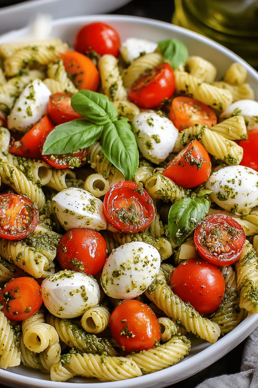 Pesto caprese pasta salad in a bowl with cherry tomatoes, mozzarella balls, and fresh basil on a rustic wooden table.