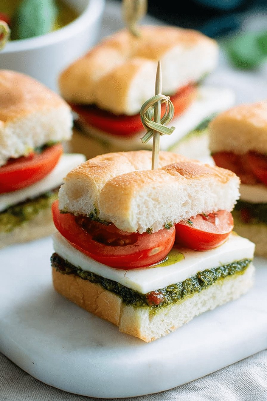 Close-up of a pesto caprese sandwich with fresh mozzarella, tomatoes, and basil leaves on a wooden cutting board.