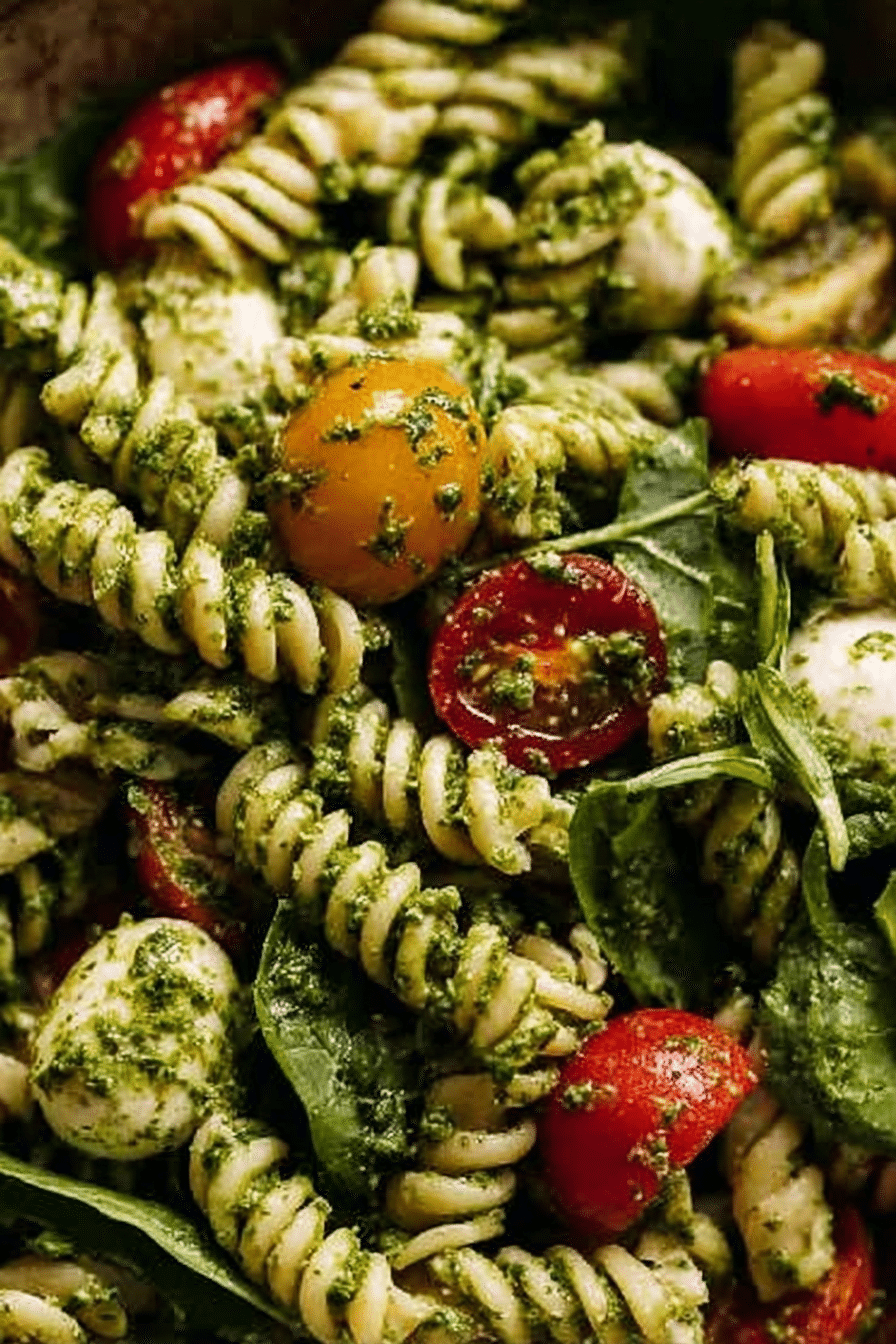 Colorful pesto pasta salad with cherry tomatoes, bocconcini, and arugula on a wooden table.