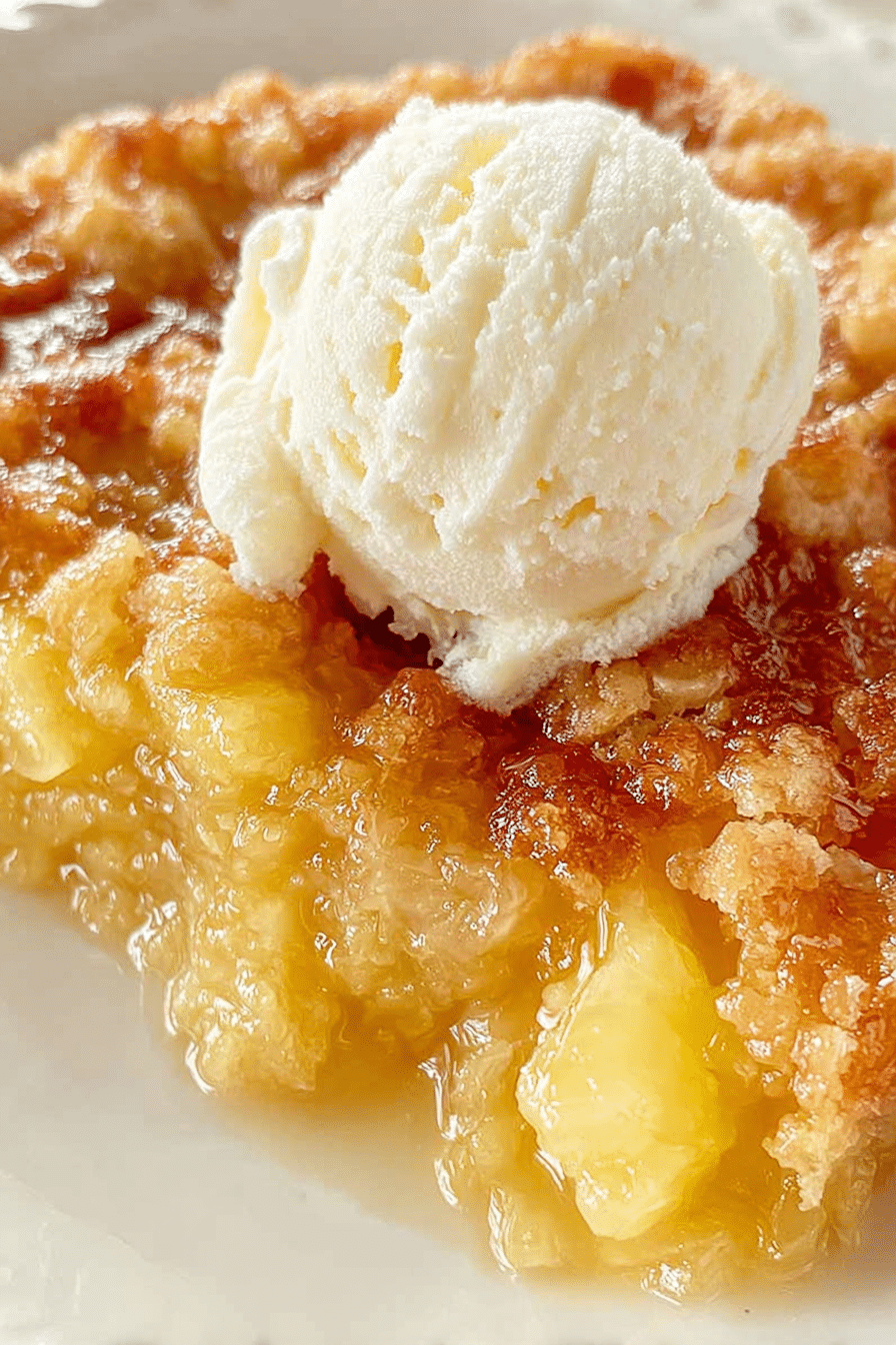 Slice of pineapple dump cake with vanilla ice cream and cherries on white plate