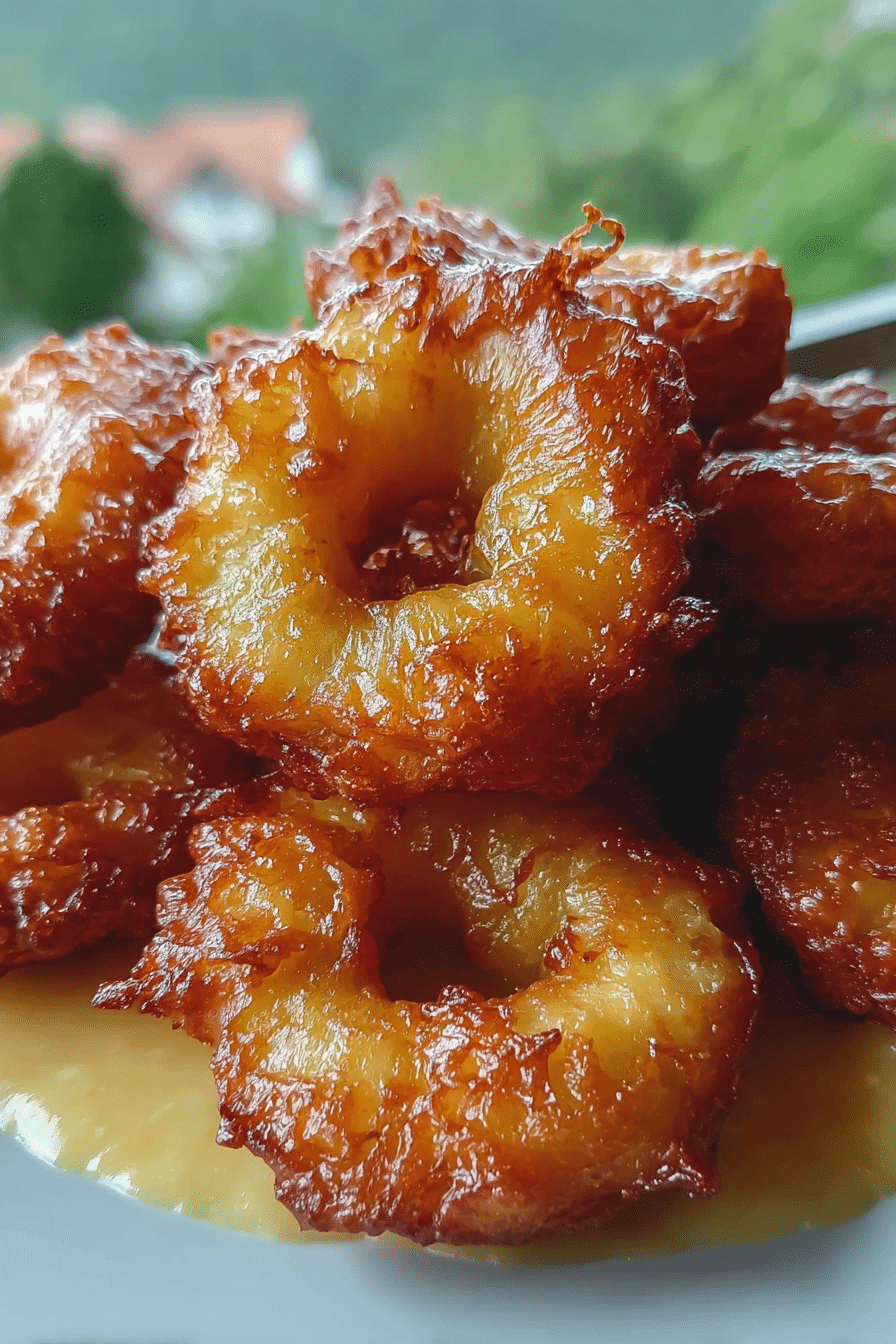 Delicious pineapple fritters served with Maui mango sauce, garnished with mint and fresh mango slices.
