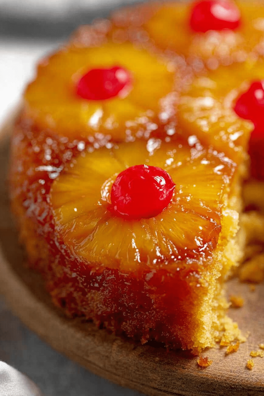 Slice of pineapple upside down cake displayed on a white plate with cherries and pineapple garnish.