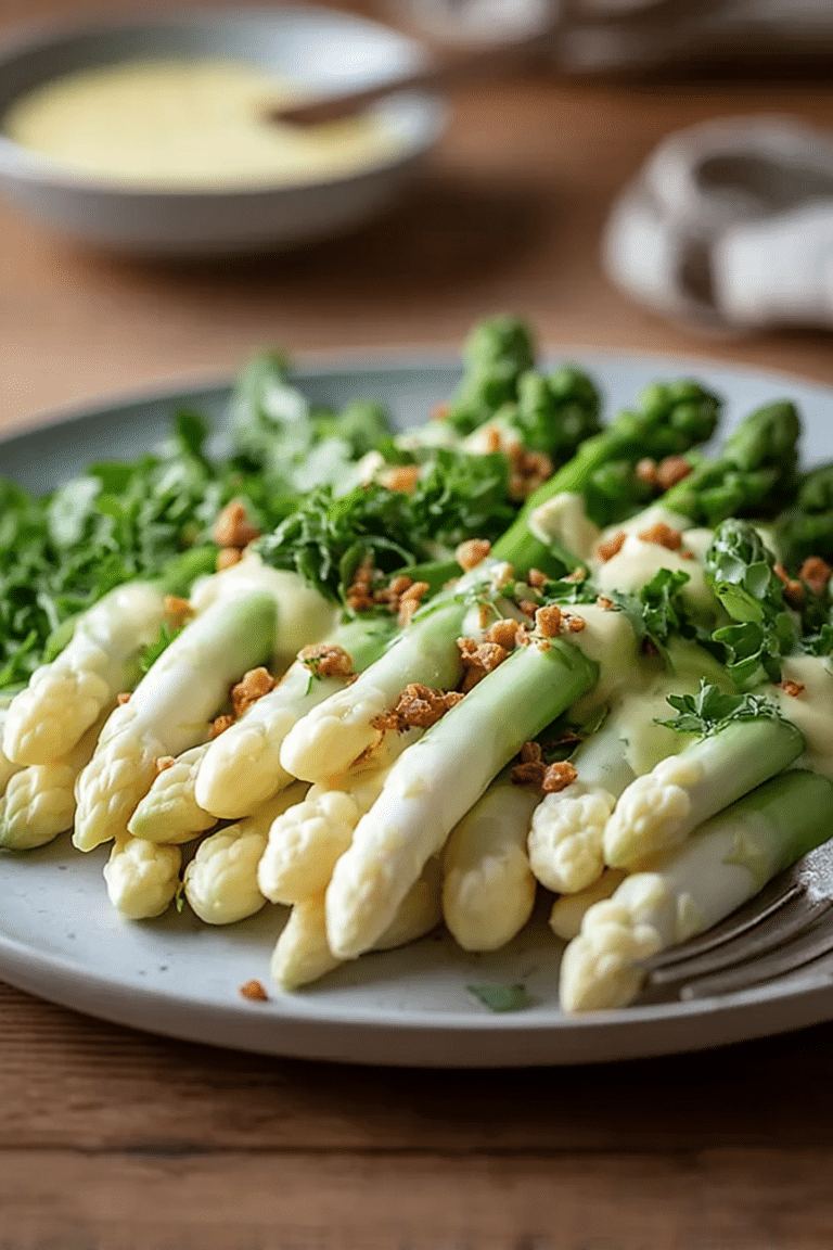 Plated German asparagus with Hollandaise sauce and fresh herbs, showcasing a traditional dish.