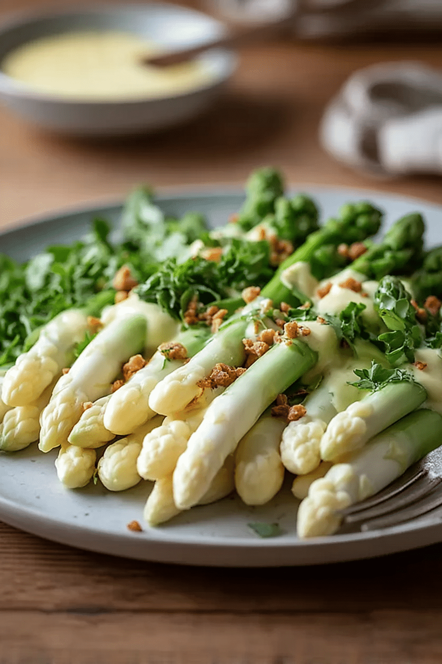 Plated German asparagus with Hollandaise sauce and fresh herbs, showcasing a traditional dish.