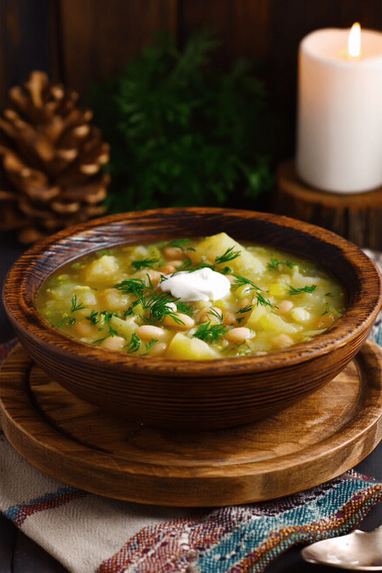 Bowl of potato, leek, and white bean soup topped with sour cream and chives on a wooden table.