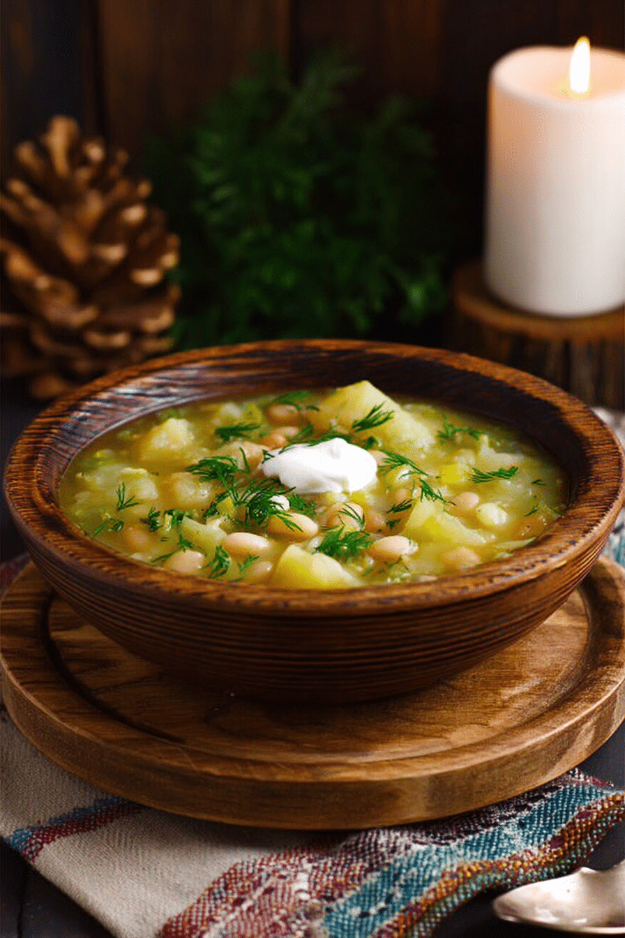 Bowl of potato, leek, and white bean soup topped with sour cream and chives on a wooden table.