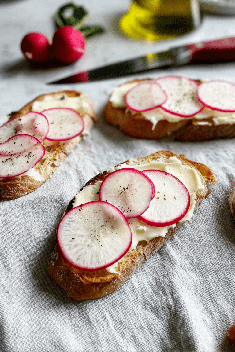 Delicious radish and butter tartines garnished with radish slices and fleur de sel on a wooden table.