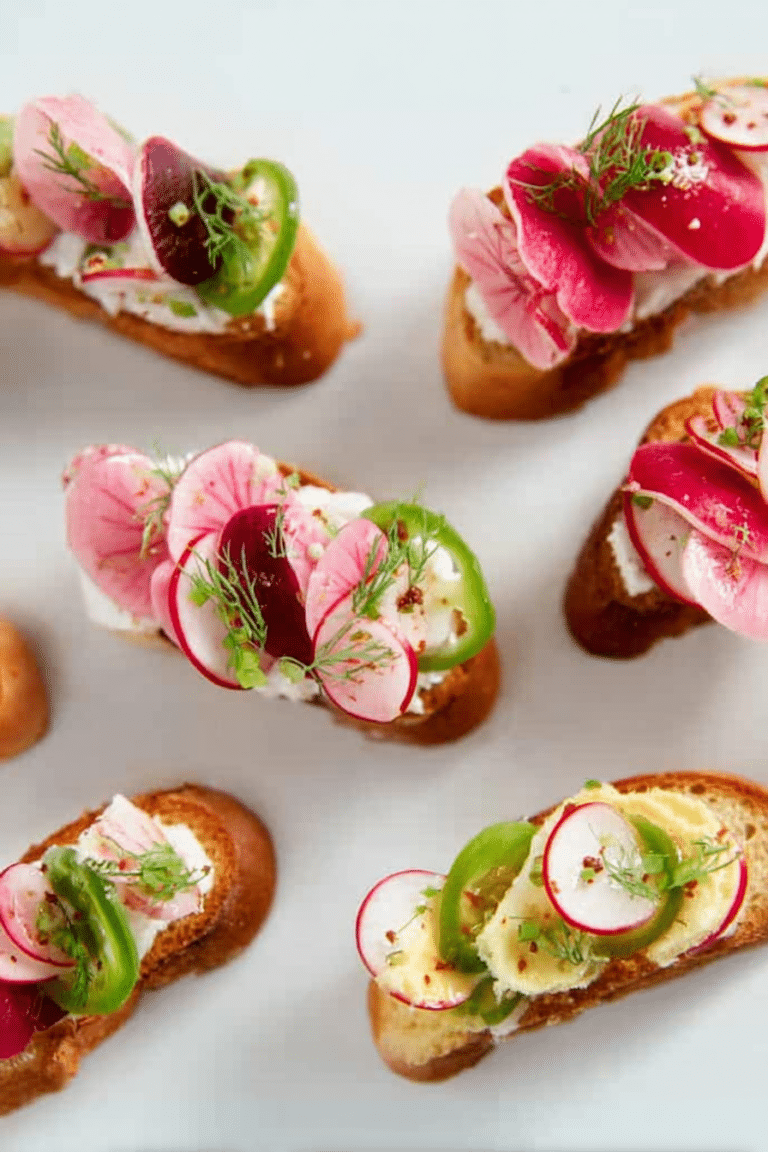 A platter of radishes and butter crostini appetizer with sliced radishes, creamy butter, and chopped chives.