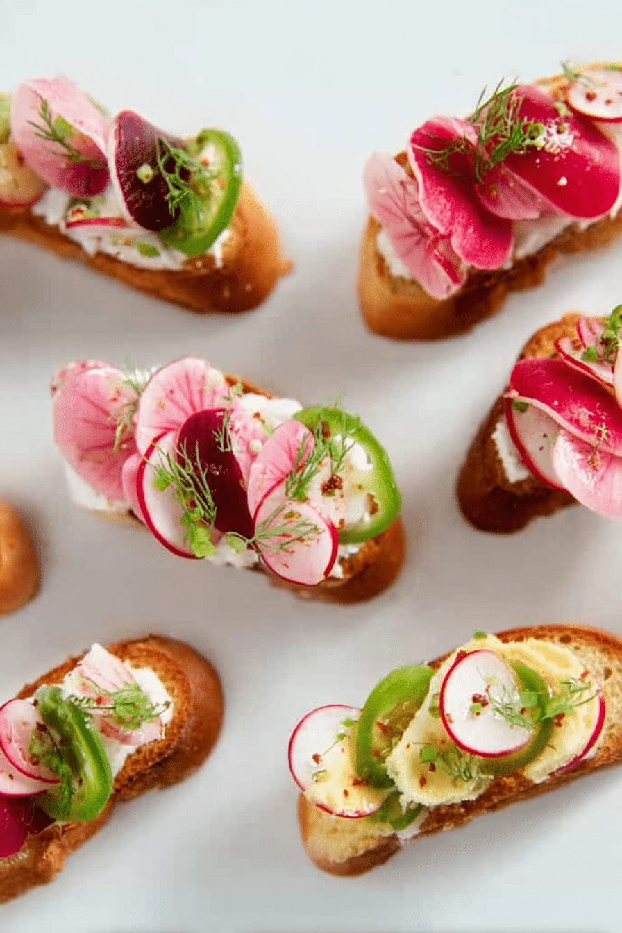 A platter of radishes and butter crostini appetizer with sliced radishes, creamy butter, and chopped chives.