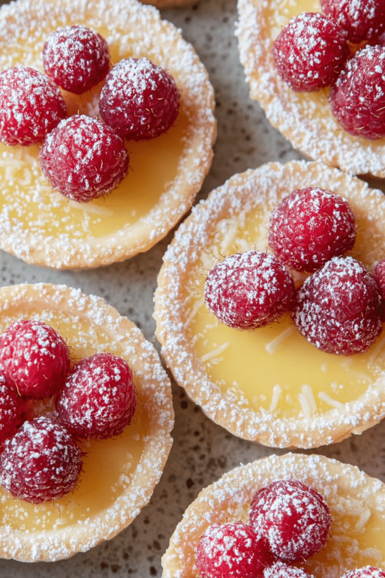 Delicious raspberry lemon tarts garnished with fresh raspberries and powdered sugar on a wooden table.