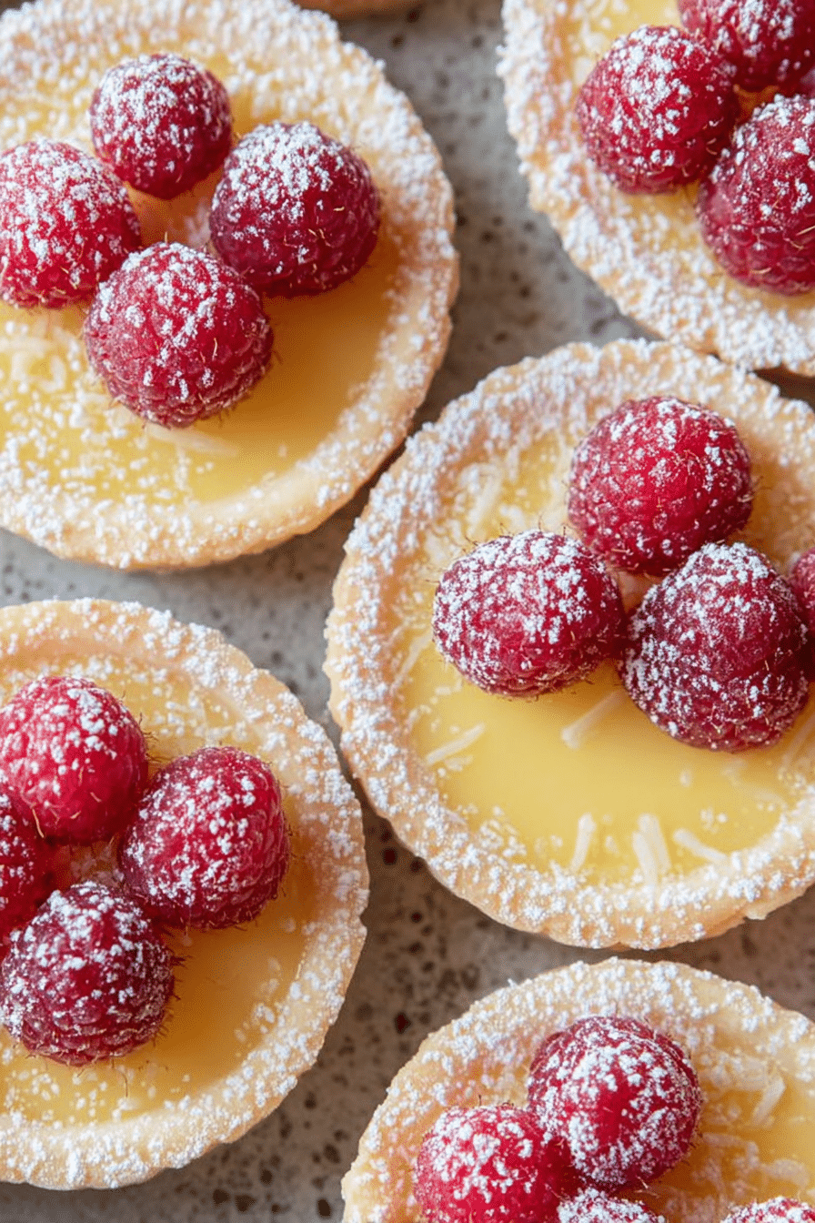Delicious raspberry lemon tarts garnished with fresh raspberries and powdered sugar on a wooden table.