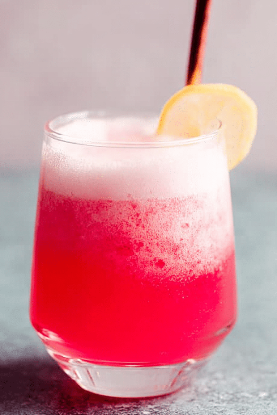 Rhubarb gin fizz cocktail in a tall glass with lemon twist and fresh rhubarb stalks on a wooden surface.