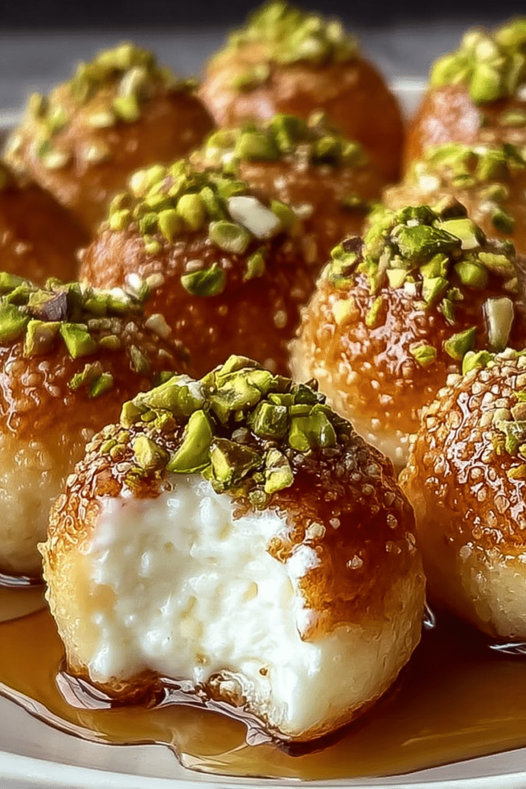 Delicious ricotta pistachio honey bites drizzled with honey and topped with chopped pistachios on a rustic wooden table.