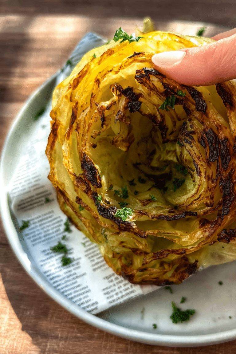 Golden-brown roasted cabbage served with garlic and paprika on a wooden table.